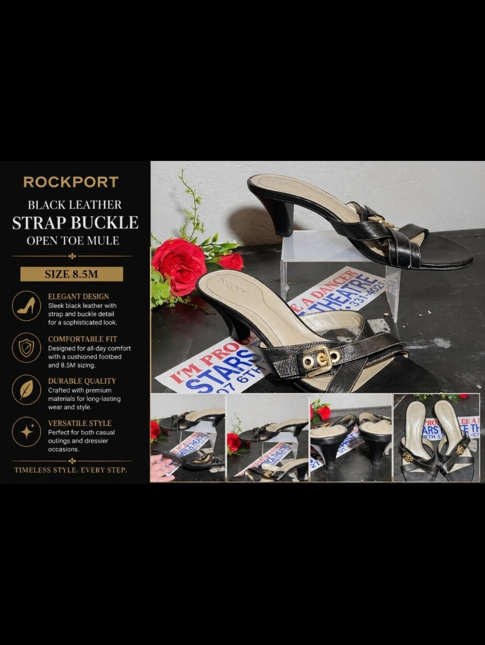 ROCKPORT Black Leather Upper STRAP Buckle Open Toe Mule 8.5M